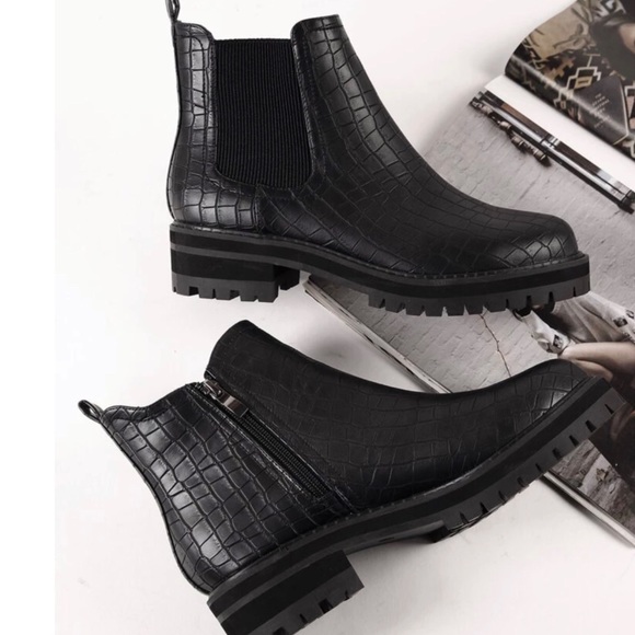 Shoes - Black Croc Print Chelsea Ankle Boot